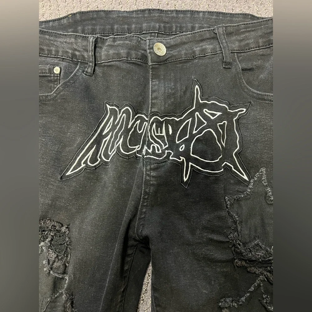 Black Rockstar Distressed Baggy Denim Men’s Jeans with Star Patches Size 40